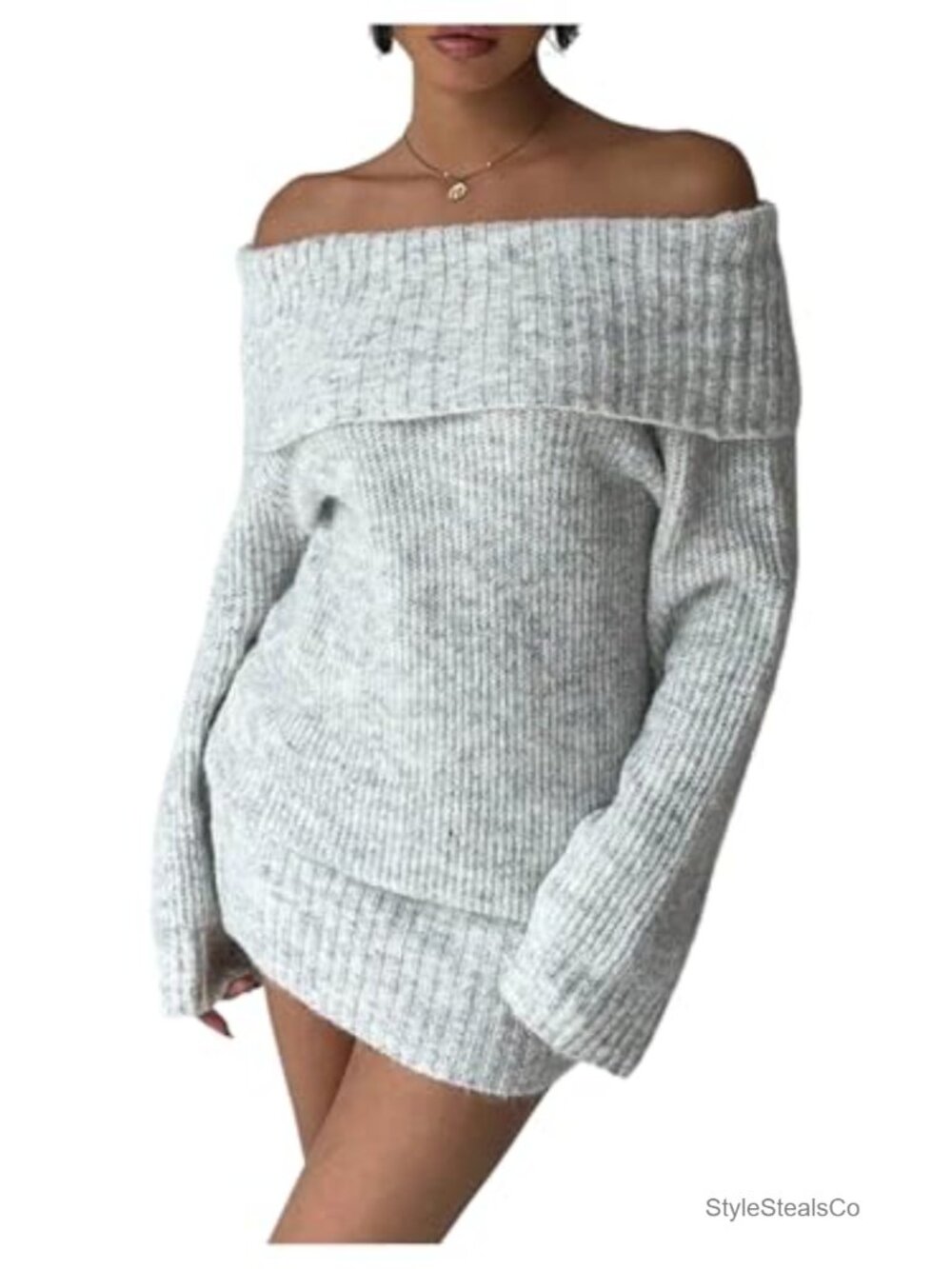 Off Shoulder Knit Bodycon Mini Sweater Dress Long Sleeve Ribbed